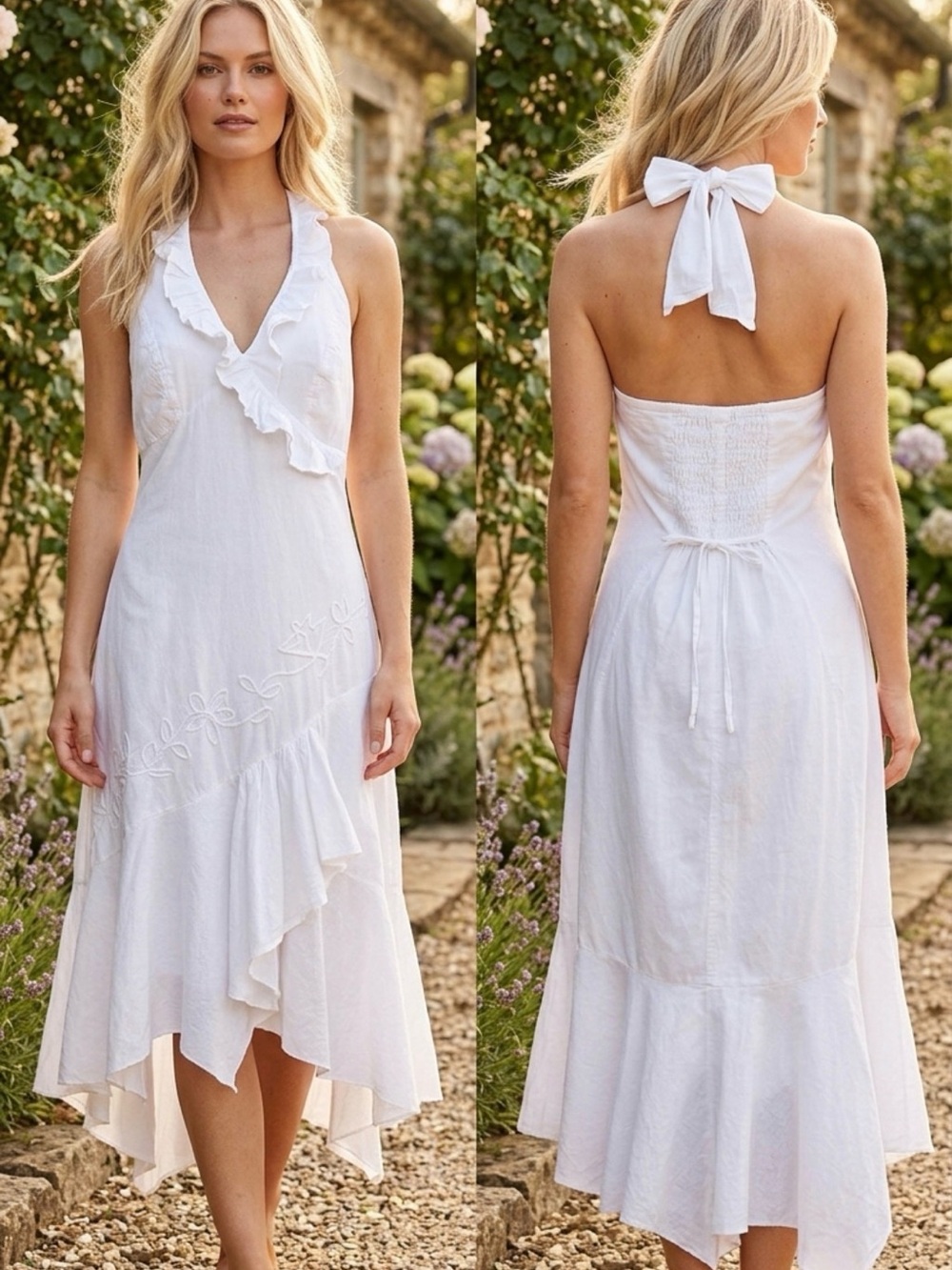 Scully White Ruffled Halter High Low Asymmetrical Ruffle Embroidered Midi Dress